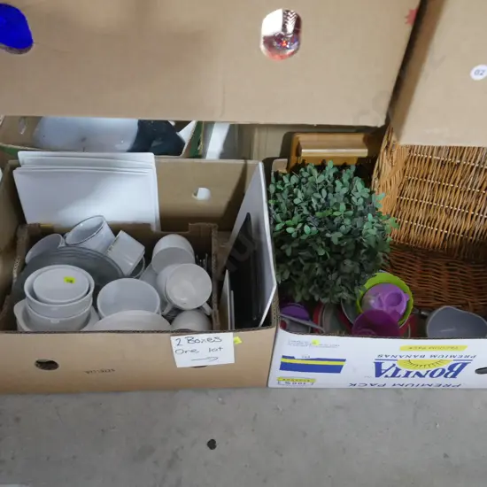 2 boxes white dinnerware, cane basket etc
