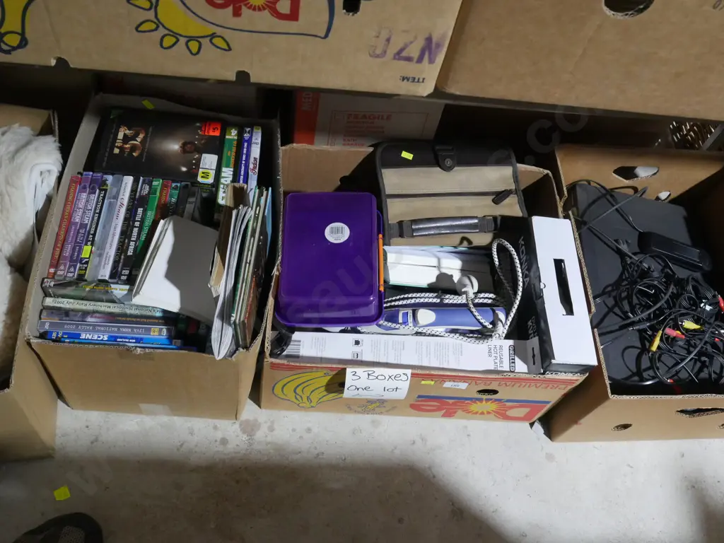 3 boxes of VHS player, DVDs, kitchenware Image 1++