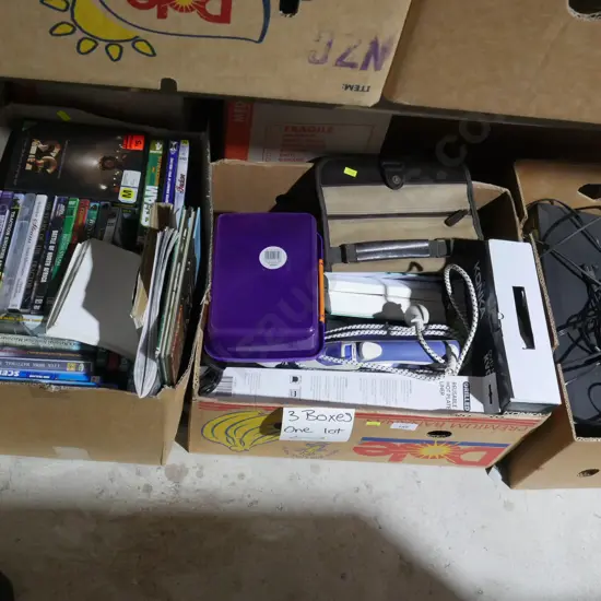 3 boxes of VHS player, DVDs, kitchenware