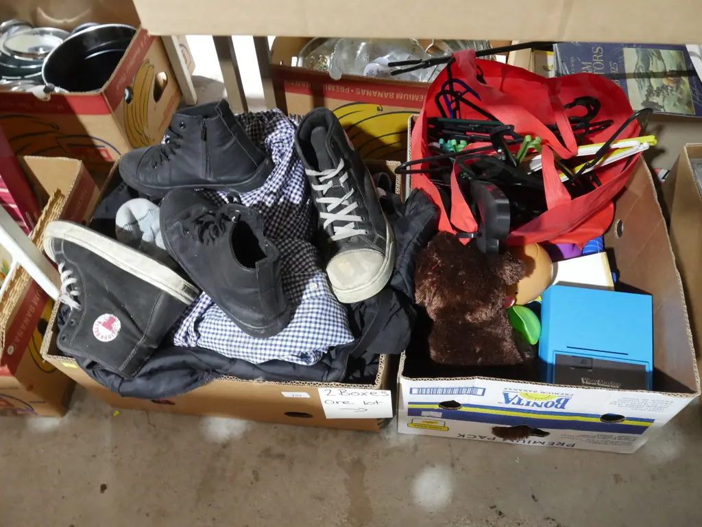 Two boxes of clothing, toys etc Image 1++