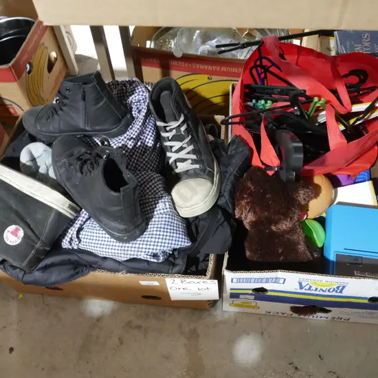 Two boxes of clothing, toys etc