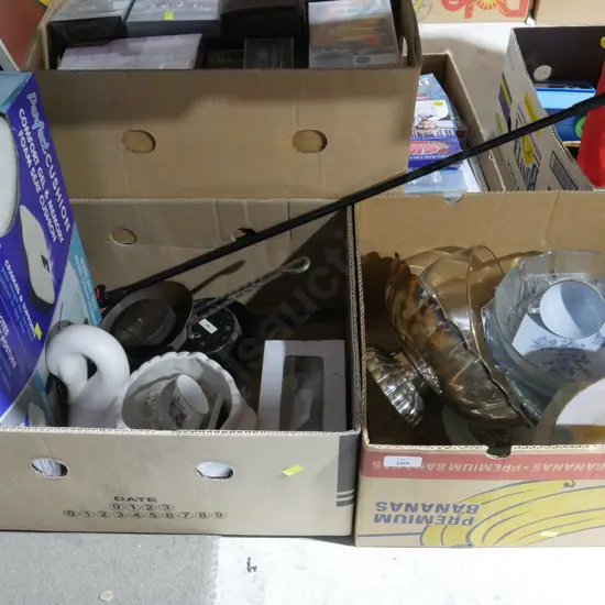 Two boxes of glassware ornaments etc