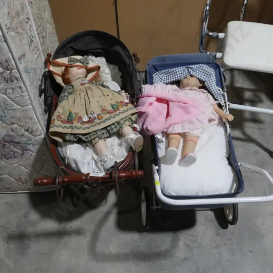 2 dolls prams and dolls