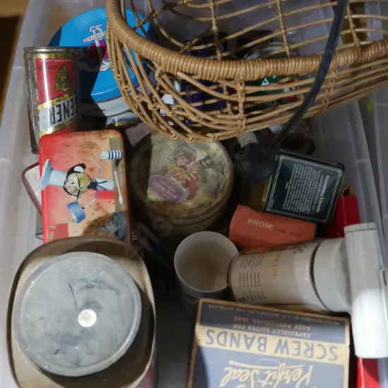 Two boxes of tins, bottles etc