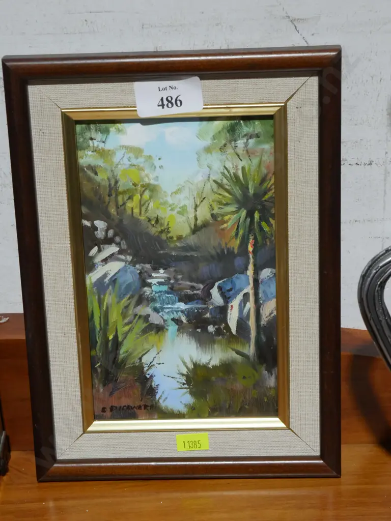 Framed oil painting, Charles Pickworth, Roaring Meg, Otago Image 1++