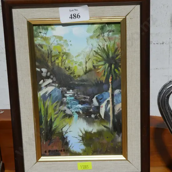 Framed oil painting, Charles Pickworth, Roaring Meg, Otago