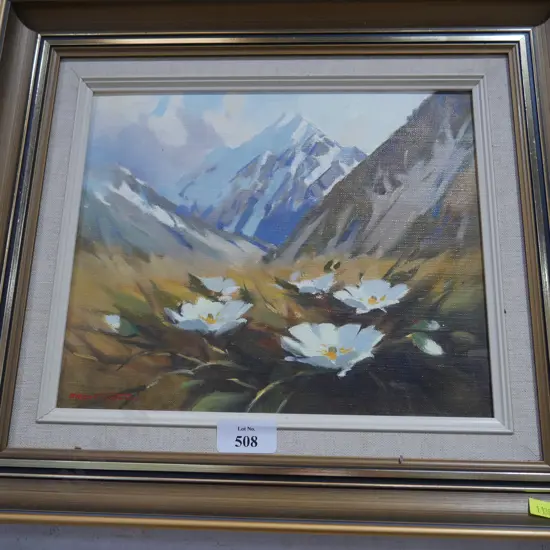 Framed oil painting, Brent Trolle, Mt Cook Lilly