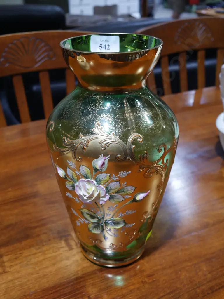 Czechoslovakian green and gold glass vase Image 1++