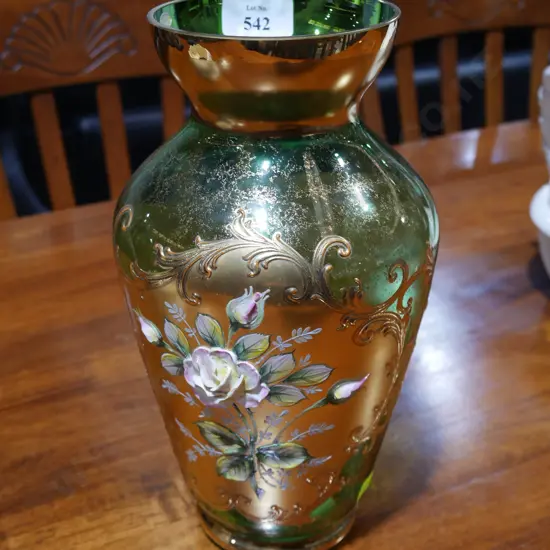 Czechoslovakian green and gold glass vase