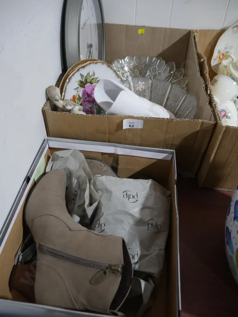 Glass bowls, clock, ladies ankle boots etc Image 1++