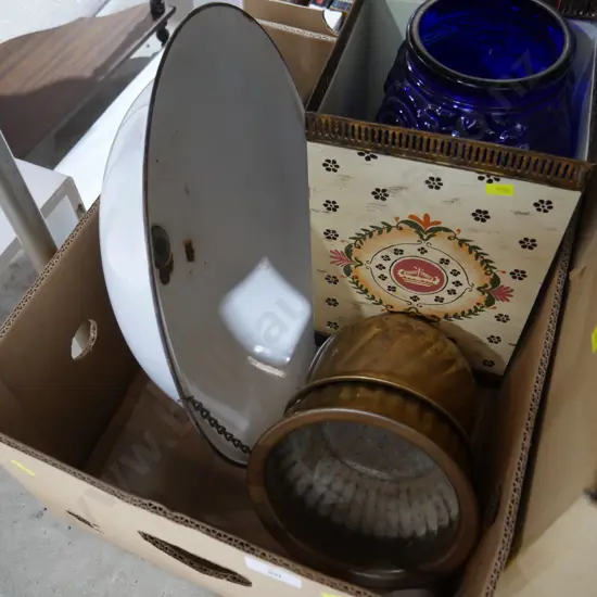 Large blue vase, brass pots etc