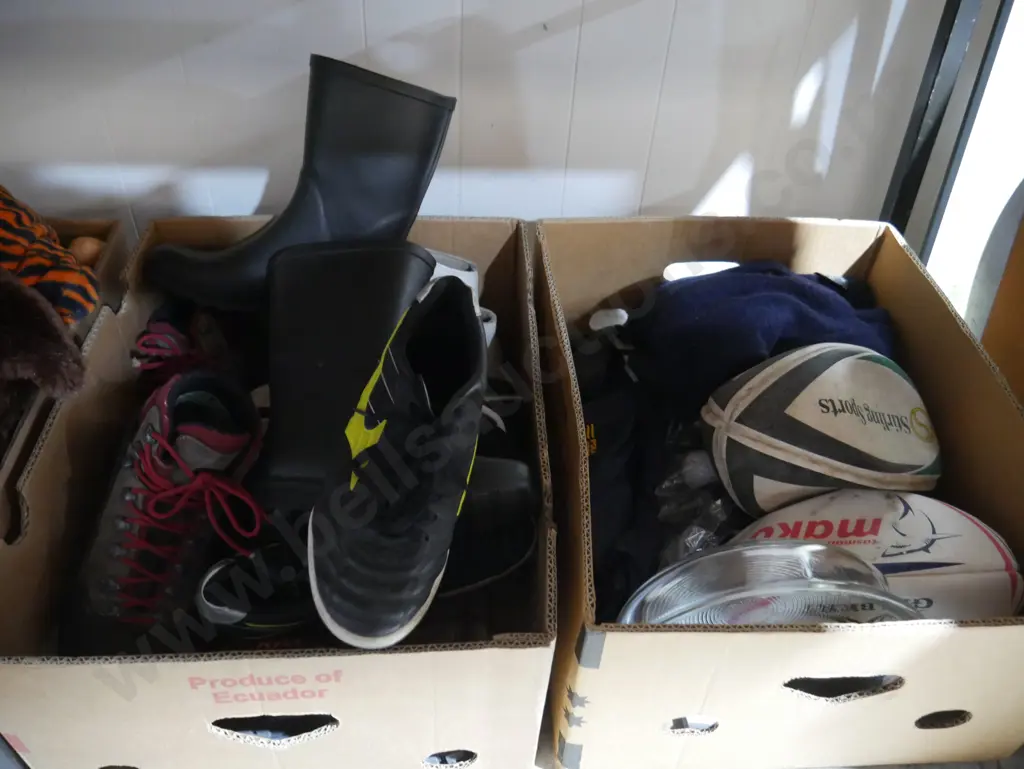 4 boxes of helmets, shoes, rugby balls etc Image 1++