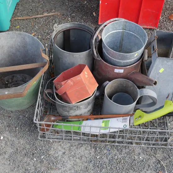 Tin buckets, watering cans etc