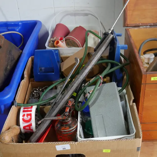 Box and bucket of garage sundries, painting sundries