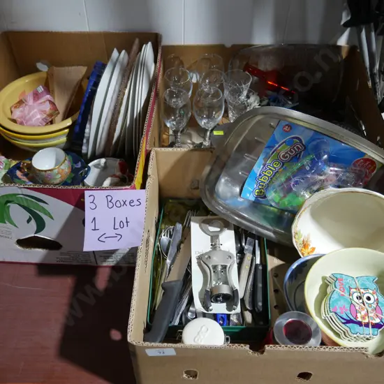 Three boxes of kitchen sundries