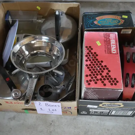 Two boxes of kitchenware etc