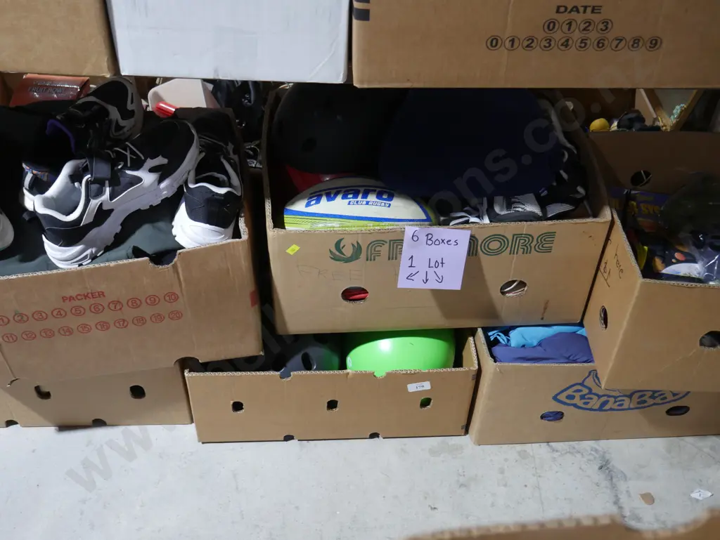 Six boxes of assorted sports gear and toys Image 1++