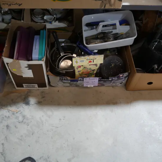 Fourr boxes of Tupperware, pots comma kitchen sundries etc