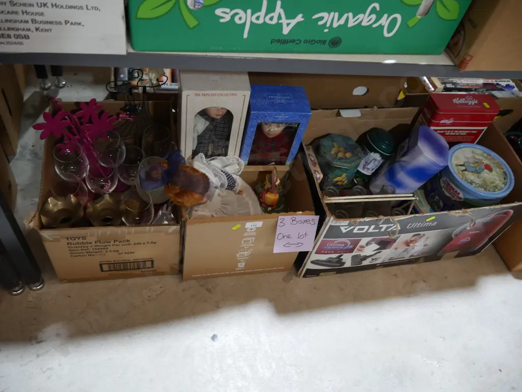 Three boxes of dolls, tins etc Image 1++