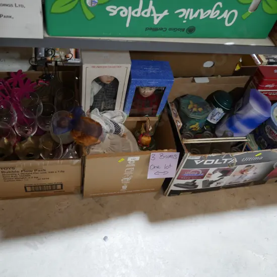 Three boxes of dolls, tins etc