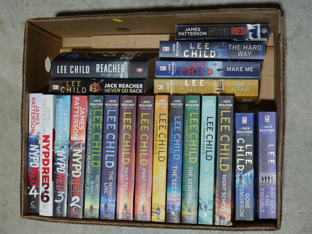 Box of Lee Child and James Patterson books Image 1++