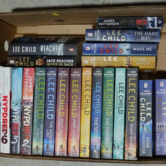 Box of Lee Child and James Patterson books