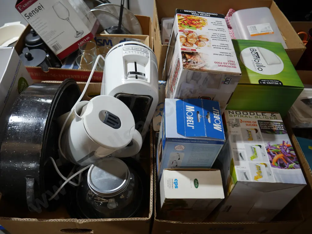 Five boxes of kitchenware etc Image 1++