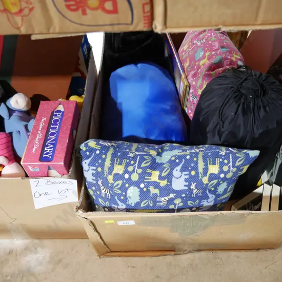 Two boxes of board games,sleeping bags etc