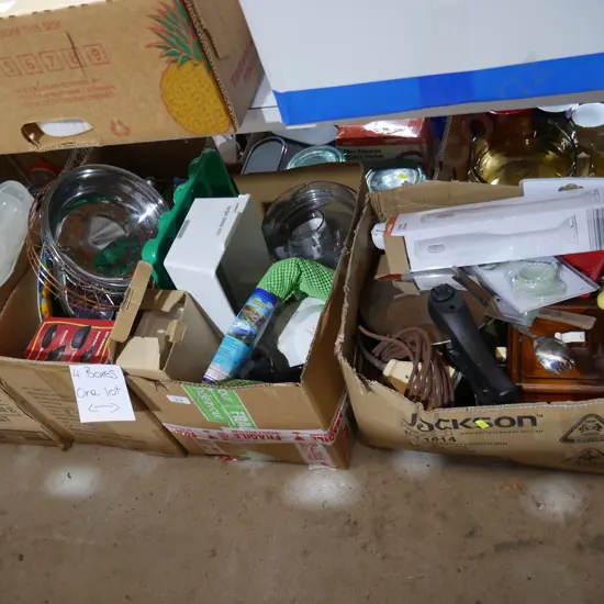 Four boxes of kitchenware etc