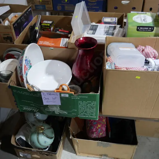 Three boxes of kitchenware etc