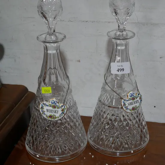 2 crystal decanters with coalport name tags