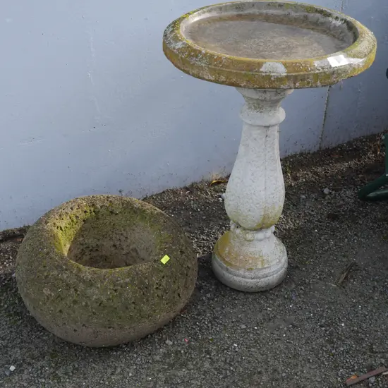 Bird bath and concrete plant pot