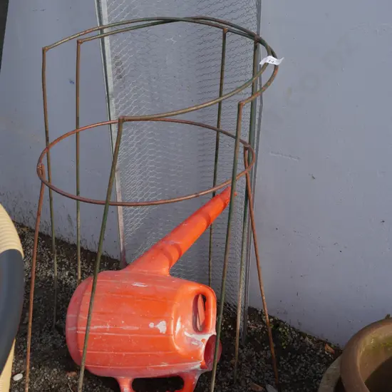 Plant support hoops, watering can