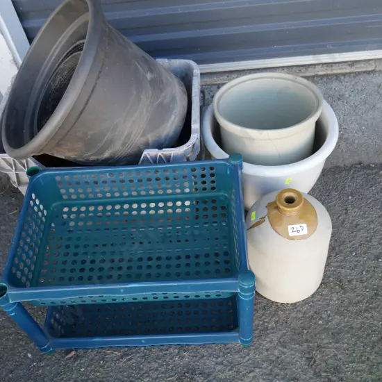 Stone jar, plant pots etc