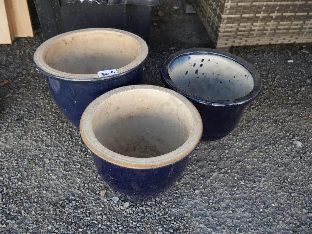 3 Blue glazed plant pots Image 1++