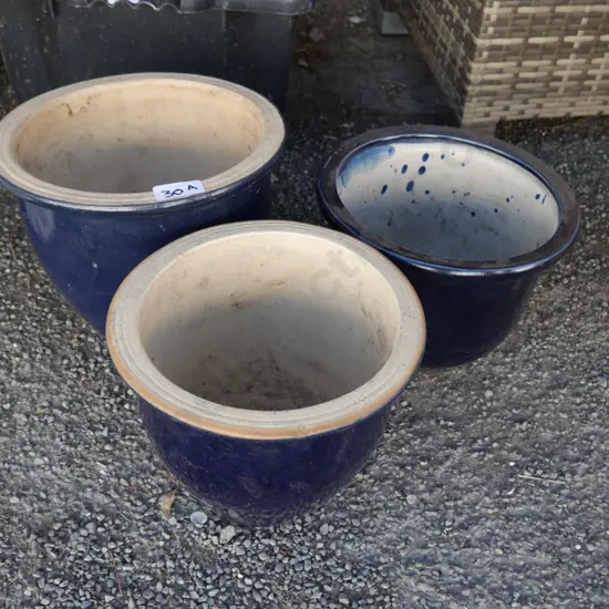 3 Blue glazed plant pots