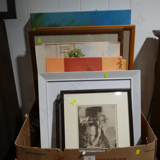 Box of assorted artworks