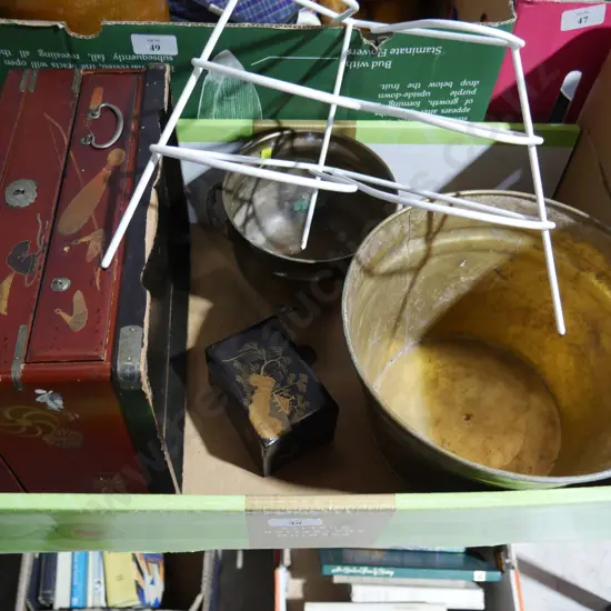 Oriental jewellery box, brass buckets etc