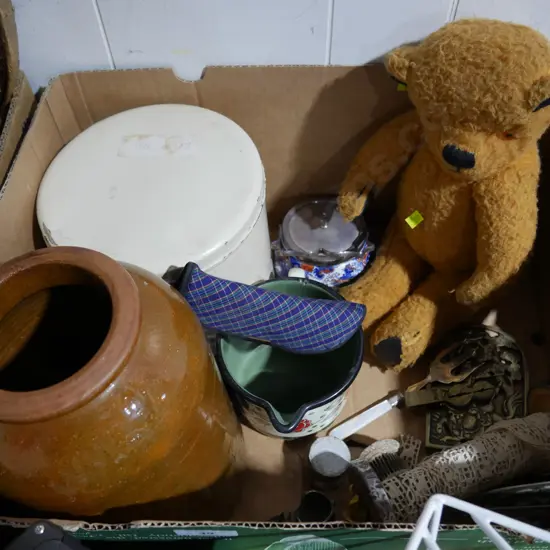 Teddy bear, pottery crock etc