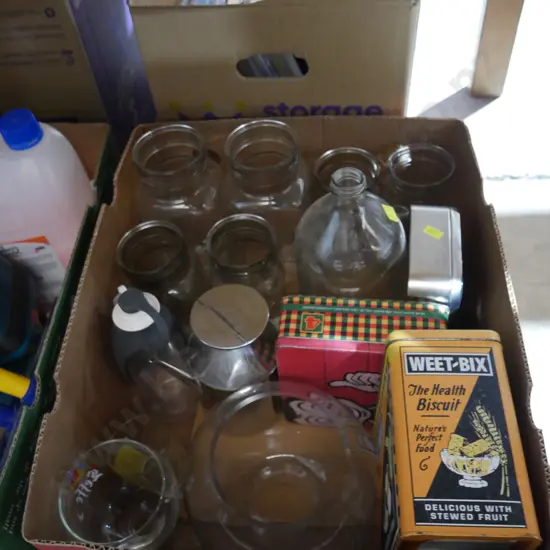 Box of tins, glass jars etc