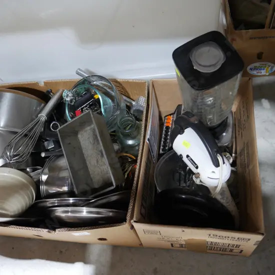 Two boxes of pots, blender etc