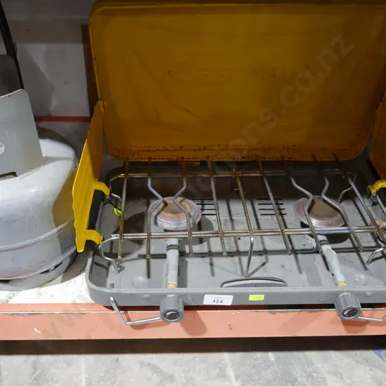 Two burner camp cooker and gas bottle