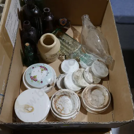 Stone and glass bottles etc