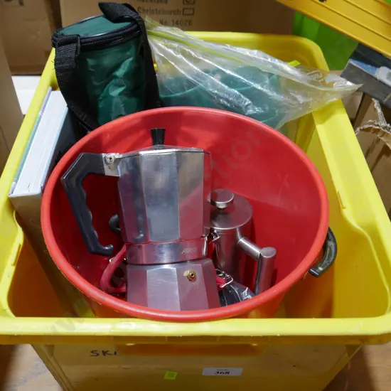 Coffee pot, plastic cups etc