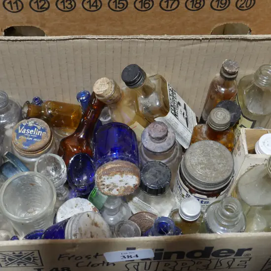 Vintage labelled medicine bottles etc