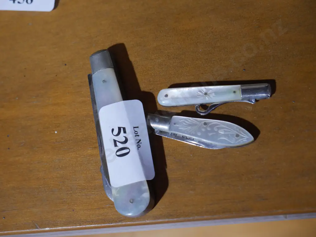 3 sterling silver and mother of pearl pocket knives Image 1++