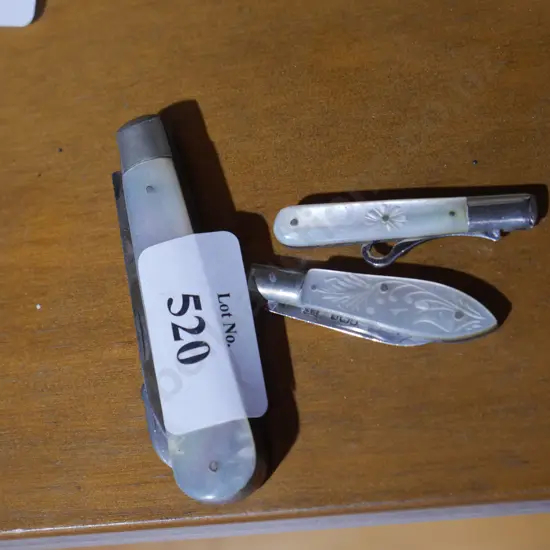 3 sterling silver and mother of pearl pocket knives