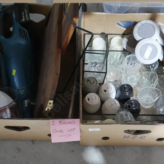 Two boxes of glassware, Dustbuster etc