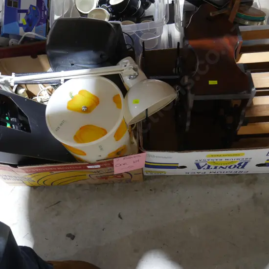 Two boxes of lamps, wine racks etc