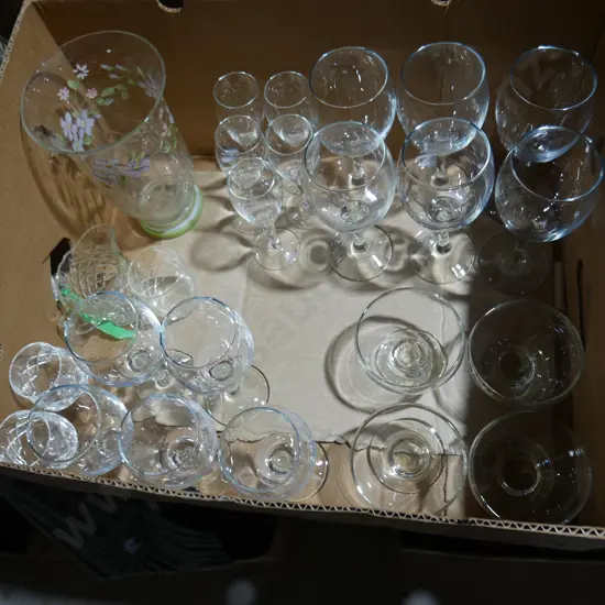 Two boxes of glassware etc